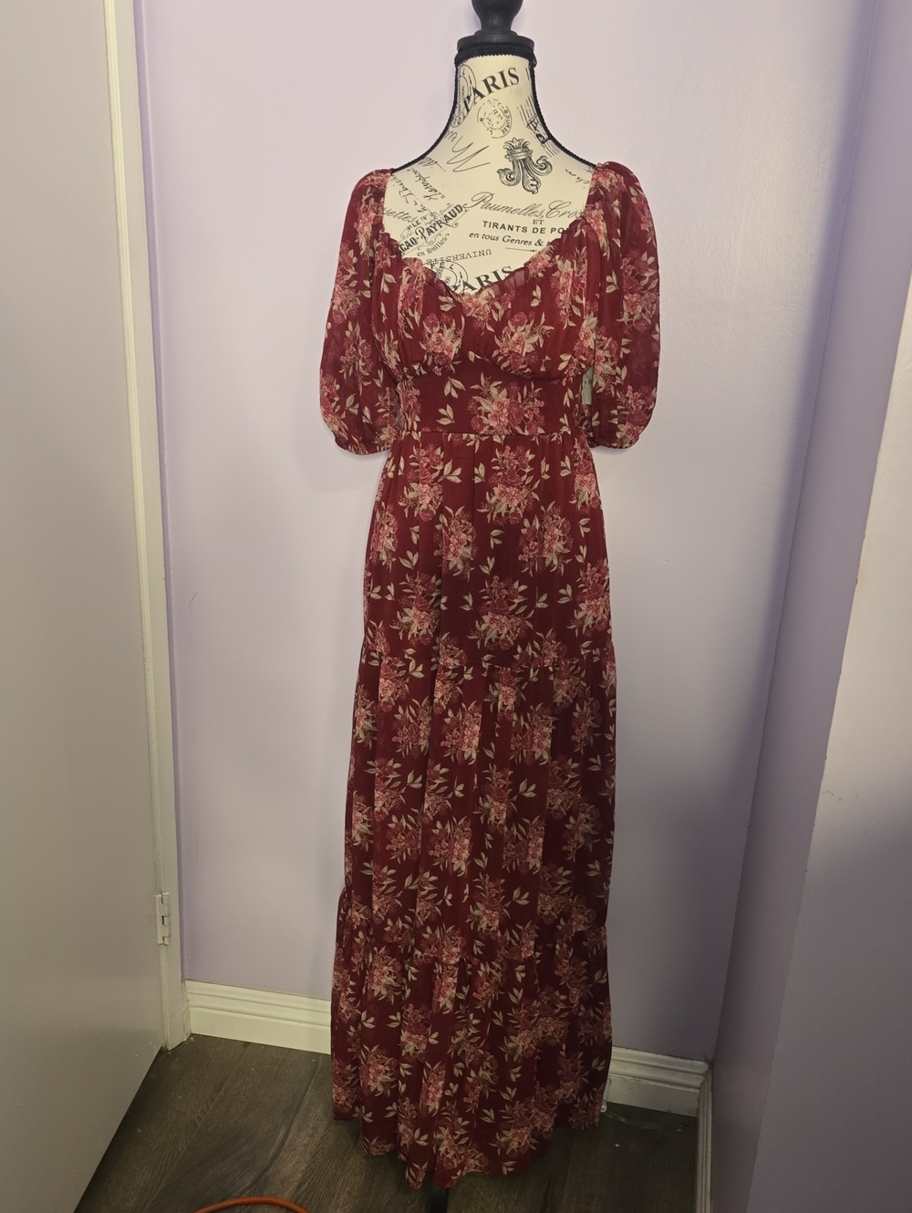 Altar'd State Burgundy Floral Puff-Sleeve Maxi Dress